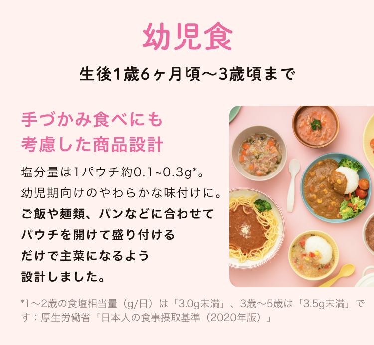 幼児食　生後５ヶ月頃〜１歳５ヶ月ごろまで　手掴み食べにも考慮した商品設計　塩分量は１パウチ約０.１~０.３g*。幼児期向けのやわらかな味付けに。ご飯や種類、パンなどに合わせてパウチを開けて盛り付けるだけで主菜になるよう設計しました。
                    *１〜２歳の食塩相当量（g/日）は、「30g未満」、３歳〜５歳は「3.5g未満」です：厚生労働省「日本人の食事摂取基準（2020年版）」