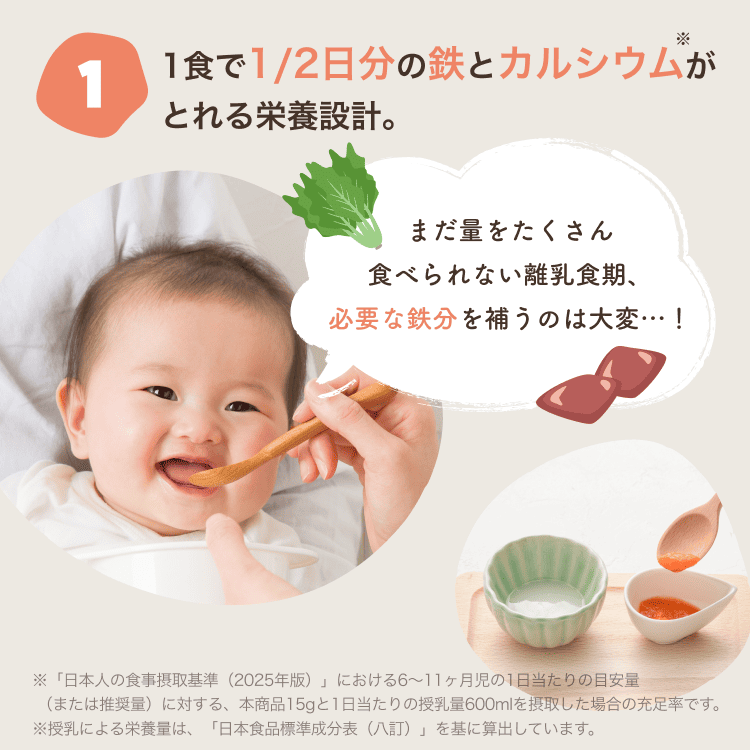 1. 1食で1/2日分の鉄とカルシウムがとれる栄養設計。まだ量をたくさん食べられない離乳食期、必要な鉄分を補うのは大変&hellip;！